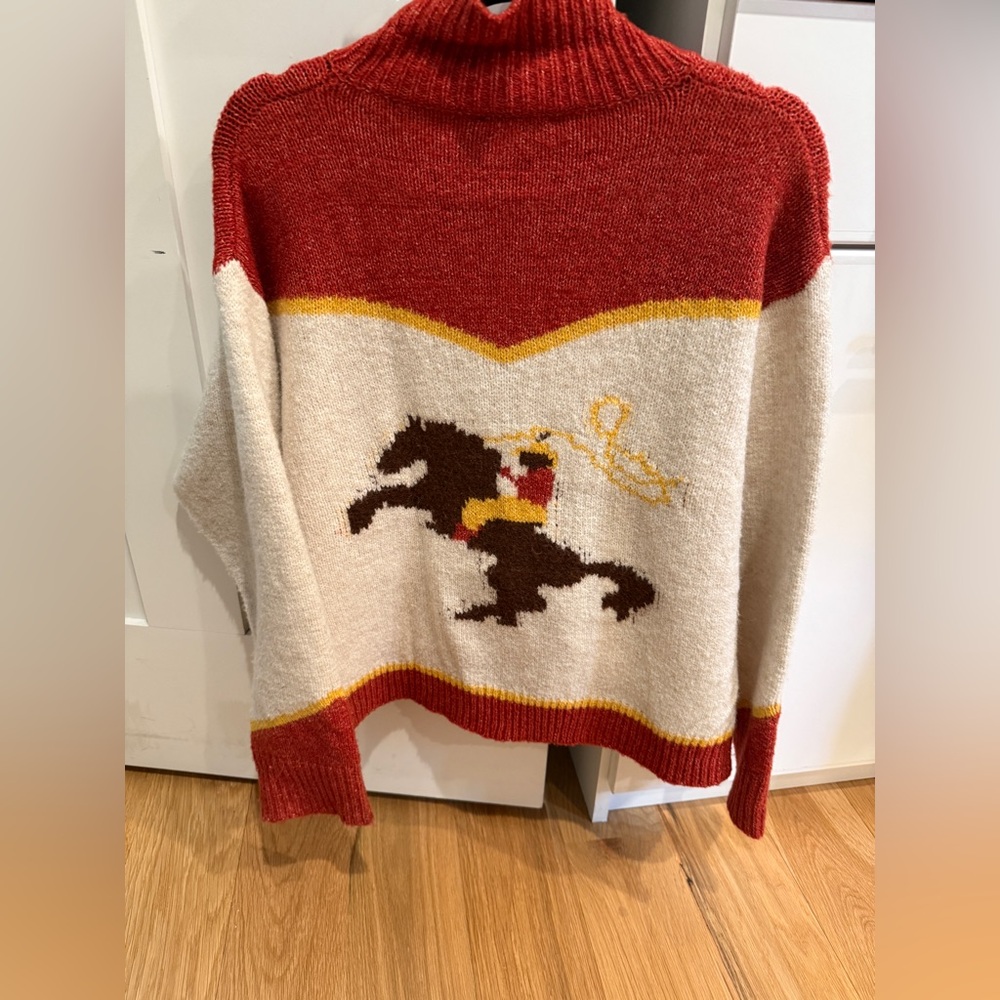 Women's Cowboy Cardigan Sweater with Horse, Red & Cream